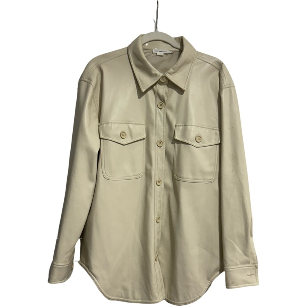 Good American Cream Faux Leather Long Sleeve Notched Collar Shirt